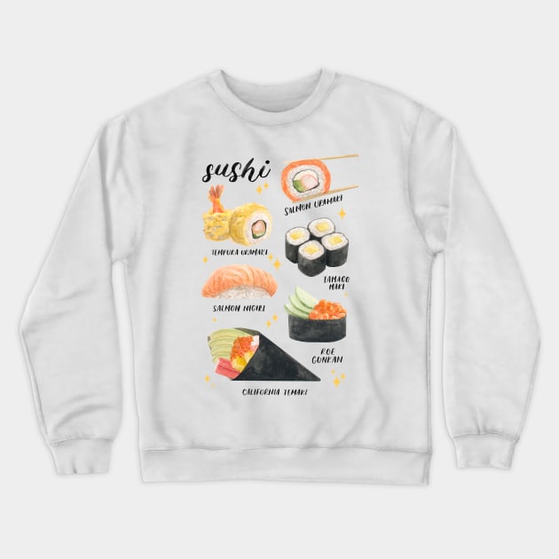 Sushi Watercolour Chart Crewneck Sweatshirt by Flowering Words